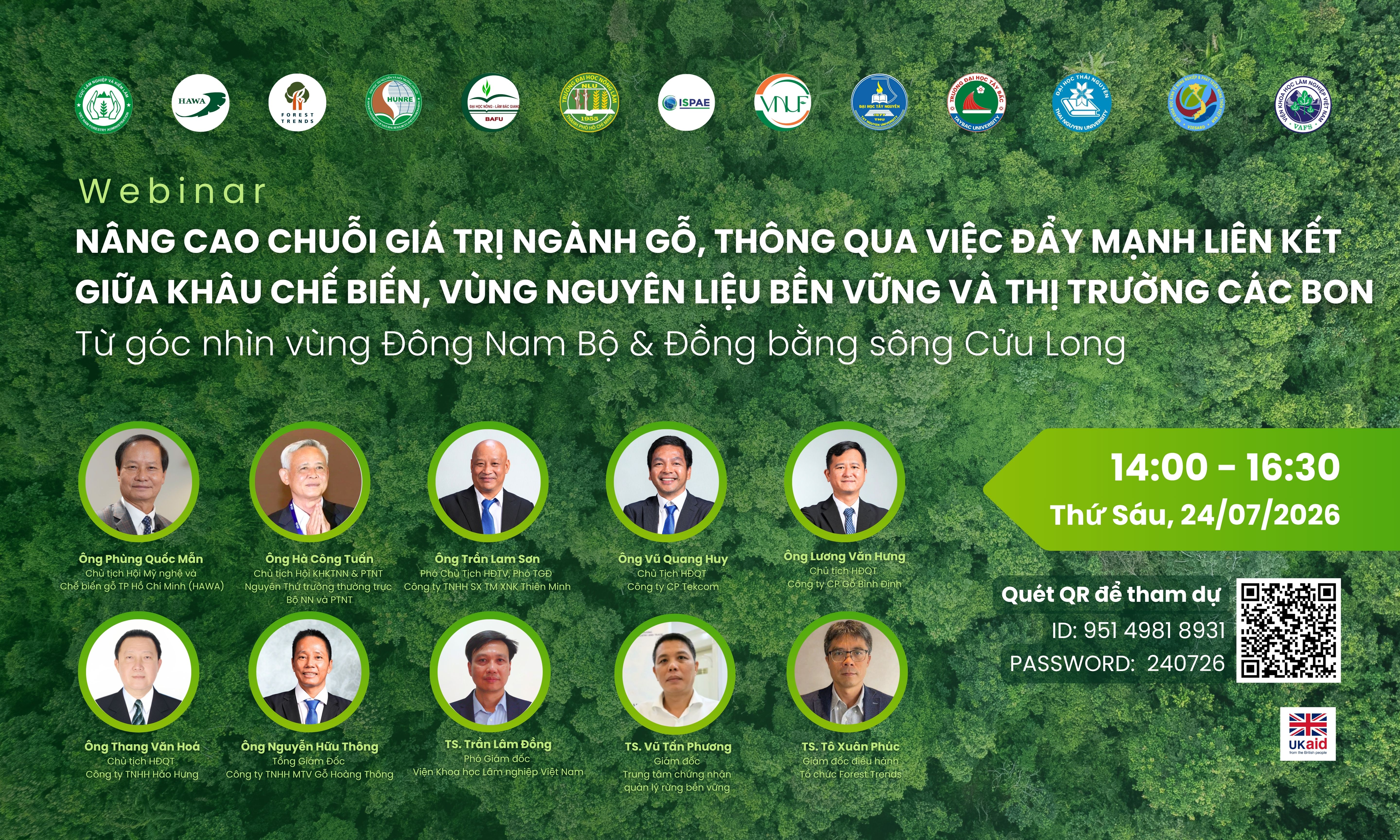Webinar Nâng cao chuỗi giá trị ngành gỗ, thông qua việc đẩy mạnh liên kết giữa khâu chế biến, vùng nguyên liệu bền vững và thị trường các bon: Từ góc nhìn vùng Đông Nam bộ và Đồng bằng sông Cửu Long