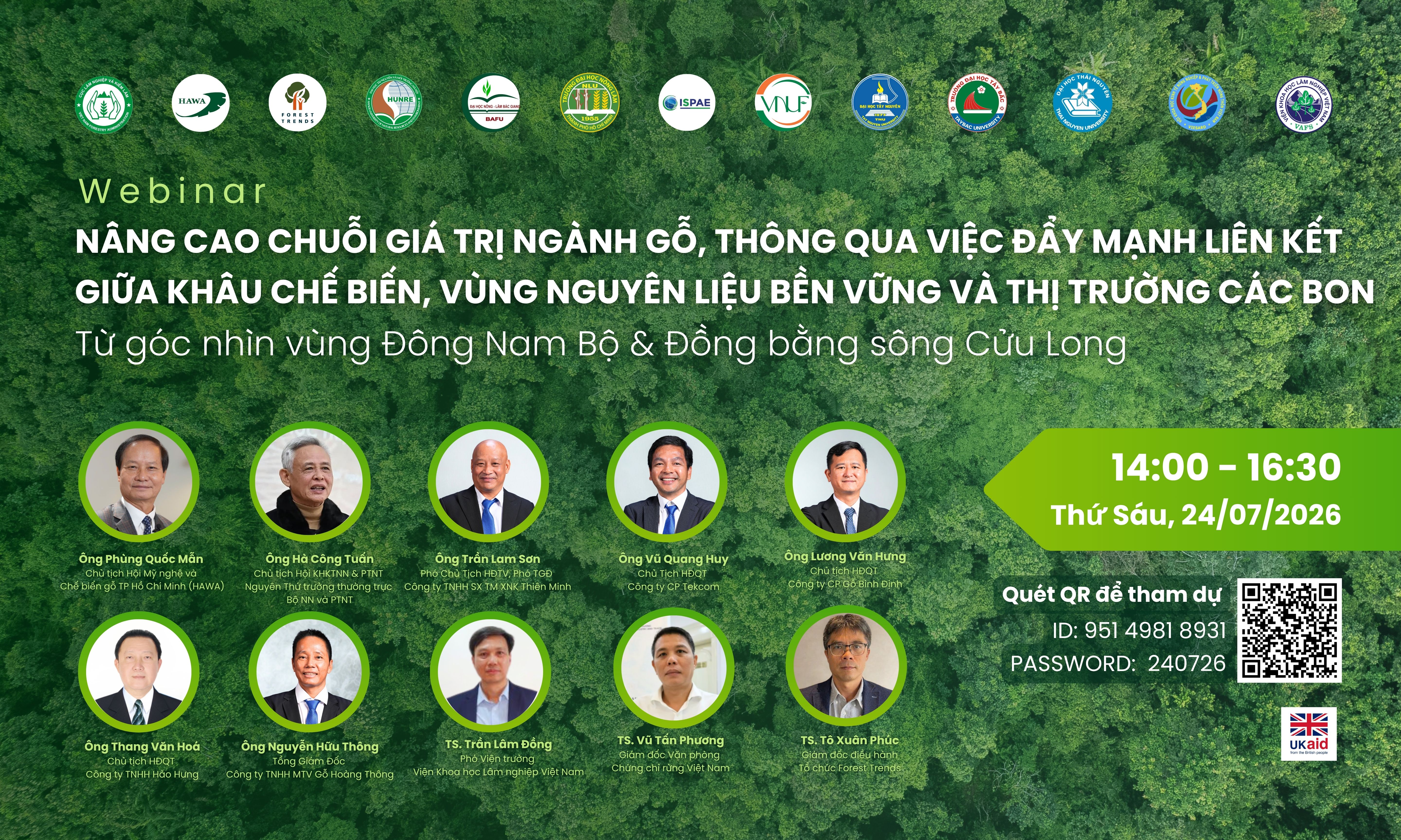 Webinar Nâng cao chuỗi giá trị ngành gỗ, thông qua việc đẩy mạnh liên kết giữa khâu chế biến, vùng nguyên liệu bền vững và thị trường các bon: Từ góc nhìn vùng Đông Nam bộ và Đồng bằng sông Cửu Long