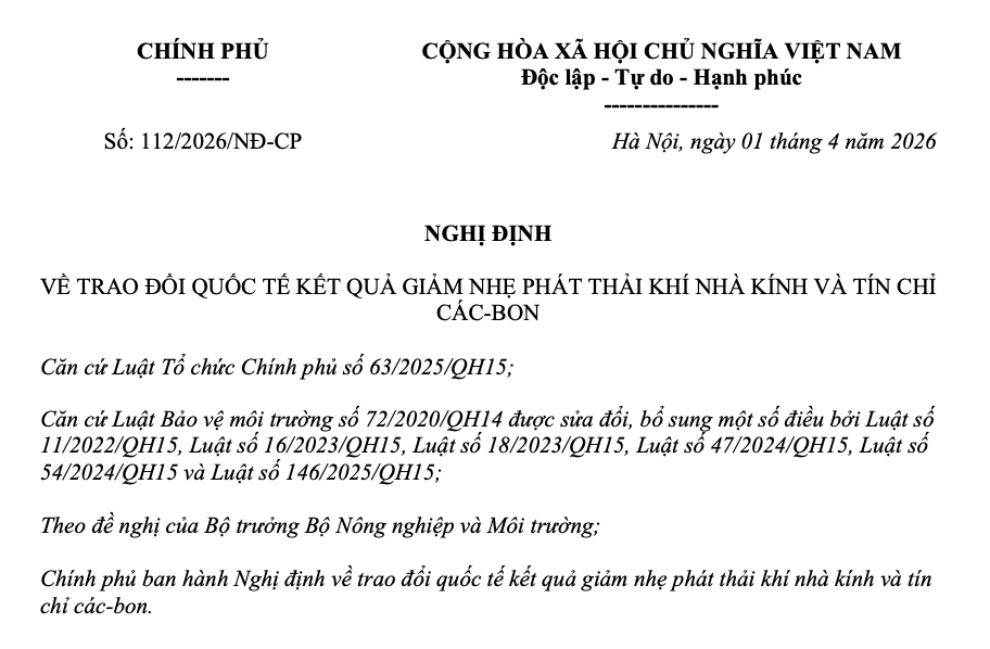 Nghị định số 112/2026/NĐ-CP về trao đổi quốc tế kết quả giảm nhẹ phát thải khí nhà kính và tín chỉ các-bon