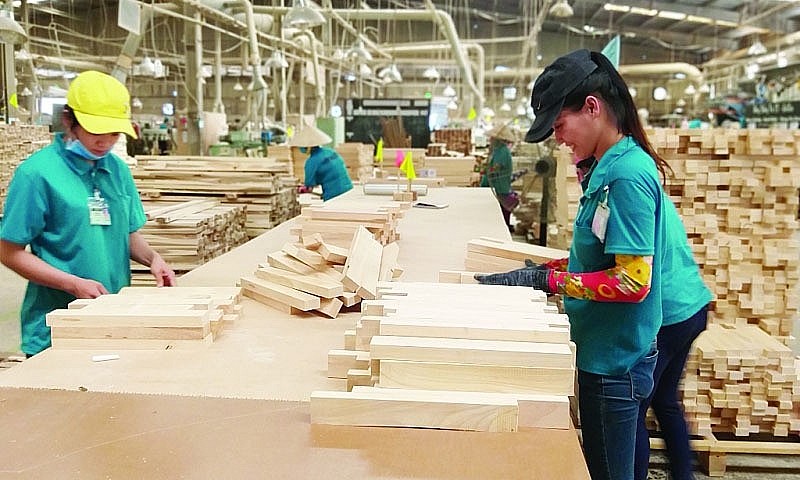 Công nhân đang làm việc trong xưởng chế biến gỗ, tập trung vào việc xử lý các mảnh gỗ trên bàn làm việc.