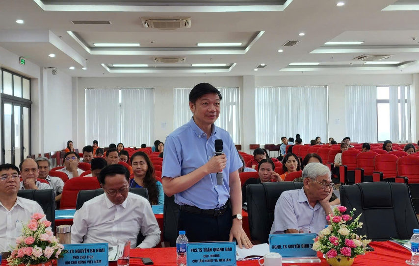 Một diễn giả đang phát biểu tại Hội thảo về các khuôn khổ pháp lý toàn cầu về không gây mất rừng, với các đại biểu tham dự lắng nghe.