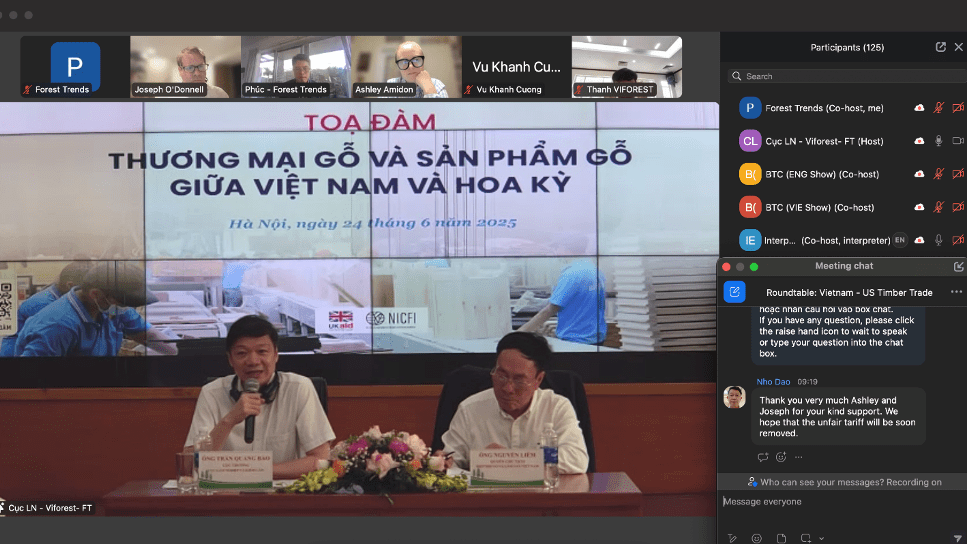 Hội thảo trực tuyến về thương mại gỗ giữa Việt Nam và Mỹ, với các đại biểu tham gia thảo luận.
