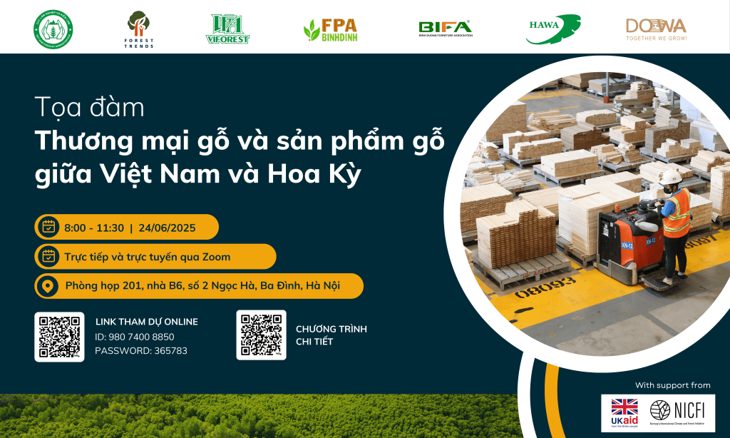 Hình ảnh quảng cáo cho tọa đàm về thương mại gỗ giữa Việt Nam và Hoa Kỳ, bao gồm thông tin về thời gian, địa điểm và cách tham gia trực tuyến. Hình ảnh cho thấy một công nhân đang điều khiển xe nâng trong kho gỗ với các kiện gỗ được sắp xếp gọn gàng.