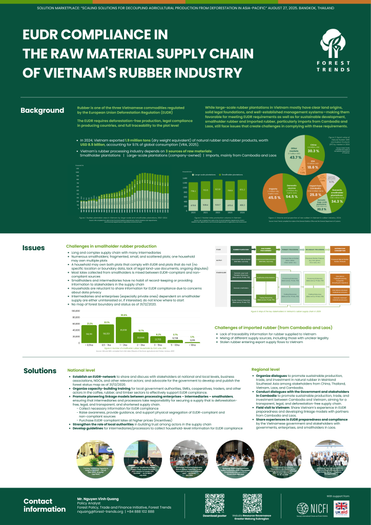 Infographic detailing EUDR compliance in the raw material supply chain of Vietnam's rubber industry, highlighting background, issues, and solutions.