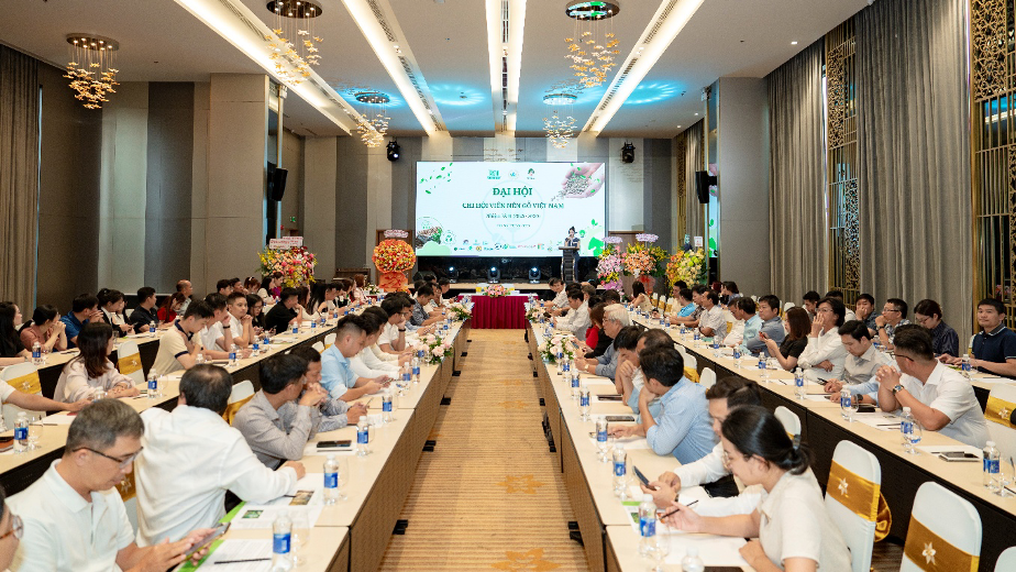 Đại biểu tham dự đại hội Chi hội Viên nén gỗ Việt Nam tại Phường Quy Nhơn, tỉnh Gia Lai, với không gian hội trường và nhiều người tham gia.